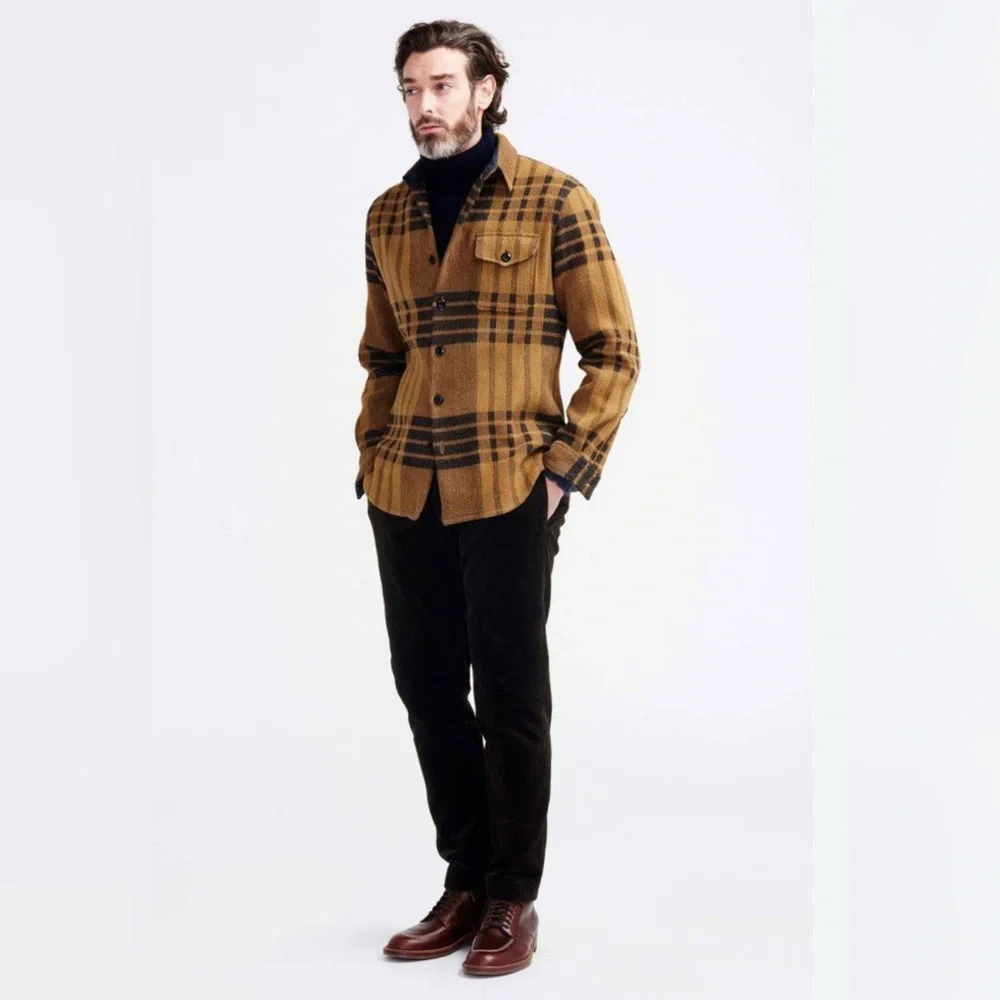 J. CREW Men's‎ Wool Coat Plaid Jacket Tan Flannel Quilted Heavy Lined Medium